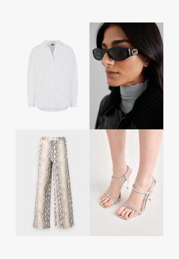 Bílé tričko s dlouhým rukávem vyrobené z bavlny, s zapínáním na knoflíky vpředu, klasickým límečkem a zaobleným lemem, s volným střihem a bez vzorů.; Široké kalhoty v hadím potisku, v krémově šedé barevné paletě, vyrobené z texturované látky s vysokým pasem.; Nohy v stříbrných sandálech na vysokém podpatku s tenkými pásky a čtveratými špičkami, stojící na světle zbarveném povrchu.; Černé sluneční brýle s elegantním obdélníkovým rámem a zlatým logem na boční straně. Tmavé čočky a lesklý povrch jsou výrazné.; Šedá texturovaná kabelka se polstrovanou rukojetí, síťovými akcenty, nastavitelným popruhem a předním uzávěrem. Kompaktní design s zaobleným tvarem.