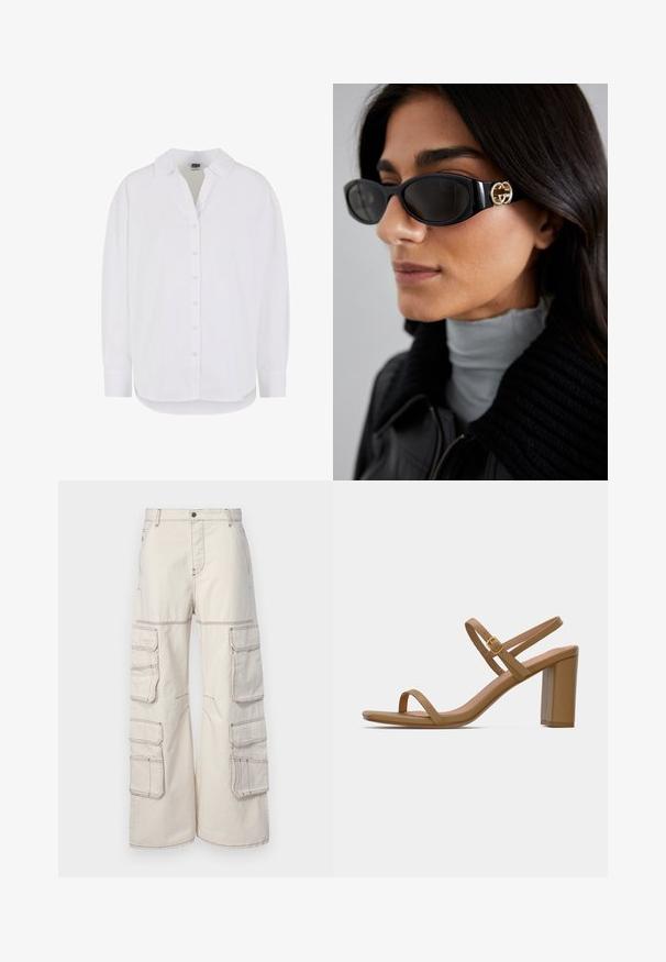 Duga bijela košulja s dugim rukavima od pamuka, s gumbima sprijeda, klasičnim ovratnikom i zaobljenim rubom, s opuštenim krojem i bez uzoraka.; Bež cargo hlače izrađene od izdržljivog materijala, s više bočnih džepova i kontrastnim šavovima, širokog kroja i kopčanjem na dugme.; Svijetlosmeđi sandali na petu s dva tanka remena i kvadratnom blok-petom. Glatki materijal s minimalnim dizajnom i malim zlatnim kopčanjem.; Crne sunčane naočale sa elegantnim pravokutnim okvirom i zlatnim logotipom na strani. Tamna stakla i sjajni finiš su istaknuti.; Siva teksturirana torba s naglaskom na podstavljenom ručku, mrežastim detaljima, podesivim remenom i prednjim kopčanjem. Kompaktni dizajn s zaobljenim oblikom.