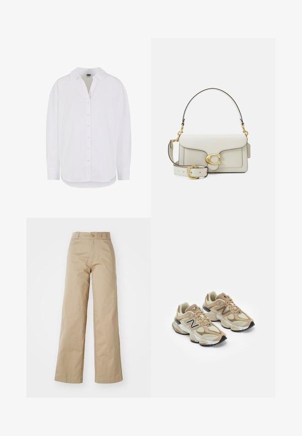 Bela srajca z dolgimi rokavi iz bombaža z gumbi na sprednji strani, klasičnim ovratnikom in zaobljenim robom, ki ponuja sproščen kroj in brez vzorcev.; Bež široke hlače iz bombaža, s celicami za gumb in zankami za pas, z gladko teksturo in čisto obdelavo.; Bež teniske z mrežastim in semiš materialom. Imajo črn logo in teksturirane detajle. Debela bela srednja podloga in črn gumijast podplat.; Bela usnjena torbica z zlatimi kovinskimi detajli, z zaponko na preklop in odstranljivim, nastavljivim trakom. V sredini okrogel kovinski okrasek.