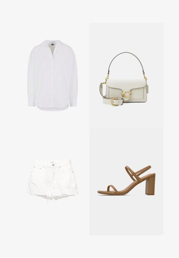 Langærmet hvid skjorte lavet af bomuld med knaplukning fortil, klassisk krave og afrundet kant, der har en afslappet pasform og ingen mønstre.; Hvide denimshorts med et slidt look, frynset kant og fem lomme-design. Omfatter metalknap og nitte-detaljer.; Lysebrune hælede sandaler med to slanke stropper og en firkantet blokhæle. Glat materiale med minimalistisk design og en lille guldbeslag detalje.; Hvid læderhåndtaske med gulddetaljer, der har en klaplukning og en aftagelig, justerbar rem. Rundet metalaccent i midten.