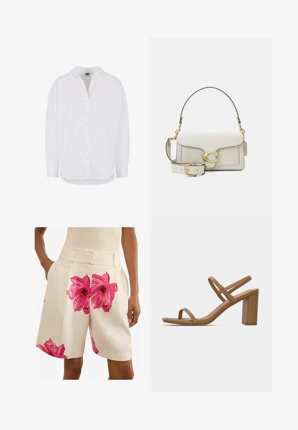 Camicia bianca a maniche lunghe in cotone con bottone centrale, colletto classico e orlo arrotondato, caratterizzata da una vestibilità rilassata e priva di motivi.; Next PETITE - FLORAL TAILORED  - Shorts - ecru pink; Sandali con tacco color marrone chiaro, dotati di due cinturini sottili e di un tacco a blocco quadrato. Materiale liscio con un design minimale e un piccolo dettaglio in oro.; Borsa a tracolla in pelle bianca con chiusura in tonalità oro, dettagli neri, tracolla removibile e design strutturato con chiusura a pattina.