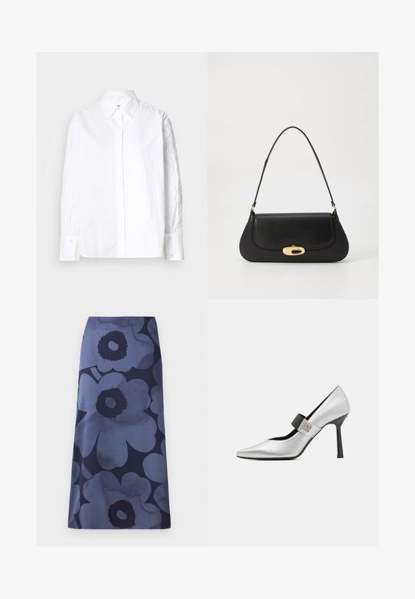 Biela košeľa s klasickým golierom, dlhými rukávmi a manžetami. Vyrobená z hladkej tkaniny, má stredný zips.; Midi sukňa s kvetinovým potlačou, na ktorej sú veľké tmavomodré kvety na svetlejšom modrom pozadí; látka vyzerá hladko s mierne lesklou textúrou.; Strieborná kožená lodička na vysokom opätku s špicatou špičkou, čiernym pruhom a lesklým povrchom, s elegantným obrysom a tenkým opätkom.; Čierna kožená kabelka s prehnutým dizajnom, zlatými kovovými detailmi a horným uchom. Má elegantné zatvorenie a hladký povrch.