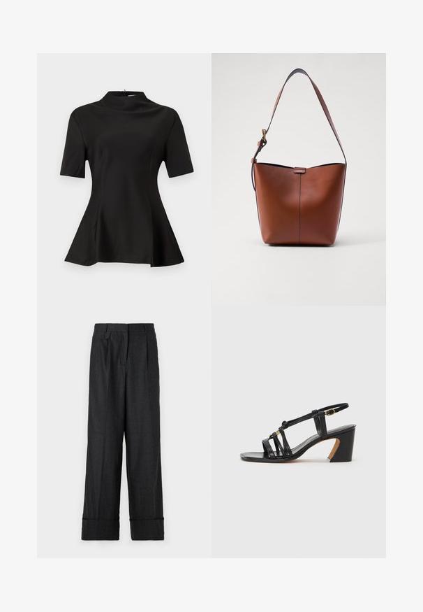Black short-sleeve top with a high neck, made of smooth fabric. Flared hem with side slits. Clean lines and fitted silhouette.; Dark grey trousers made of textured fabric, featuring pinstripes, a straight cut, and a folded hem with pleats near the waistband.; Paul Smith AMIRA - Classic heels - black; Brown leather shoulder bag with a curved shape, smooth texture, and a single thin strap. Features a subtle seam and a small logo detail.