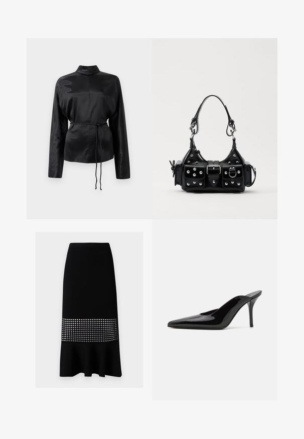 Fekete selyem hosszú ujjú ing magas gallérral, megkötött derékkal és állítható zsinóros részletekkel. Simaság jellemzi, elegáns kivitelezéssel.; Fekete bordás kötött ceruzaszoknya, fodros aljjal és ezüst kör alakú kivágásokkal a közepe táján. Simább textúra, testhez álló fazon.; Fekete lakkbőr magas sarkú mules cipő, hegyes orral és karcsú sz Siluettel, nyitott hátsó résszel és vékony stilettó sarokkal.; Fekete bőr kézitáska ívelt designnal, ezüst szegecsekkel, csattal és két oldalsó zsebbel. Állítható vállpánt a hordozási lehetőségekhez.