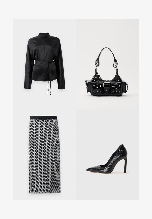 Chemise longue à manches longues en satin noir avec un col haut, taille cintrée et détail de cordon de serrage ajustable. Texture lisse avec une finition élégante.; Jupe longueur genou en tissu tricoté extensible présentant un motif flèche noir et blanc et une taille élastique noire.; Escarpin noir à bout pointu avec texture en cuir de crocodile, présentant un design élégant, un haut talon aiguille et un intérieur noir lisse.; Sac à main en cuir noir au design courbé, avec des clous en argent, une boucle et deux poches latérales. Bandoulière réglable pour différentes options de transport.
