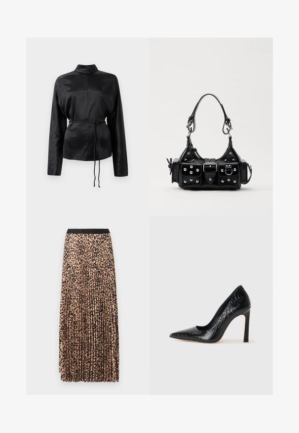 Camicia nera in satin con maniche lunghe e colletto alto, vita aderente e dettaglio con cordoncino regolabile. Texture liscia con una finitura elegante.; Gonna maxi plissettata beige con motivo leopardato nero, dotata di una fascia elastica nera in vita e di un tessuto leggero e testurizzato.; Scarpa nera con punta a punta alta in pelle di coccodrillo, caratterizzata da un design elegante, alto tacco a spillo e interno nero liscio.; Borsa a mano in pelle nera con design curvo, caratterizzata da borchie argentate, una fibbia e due tasche laterali. Tracolla regolabile per diverse opzioni di trasporto.