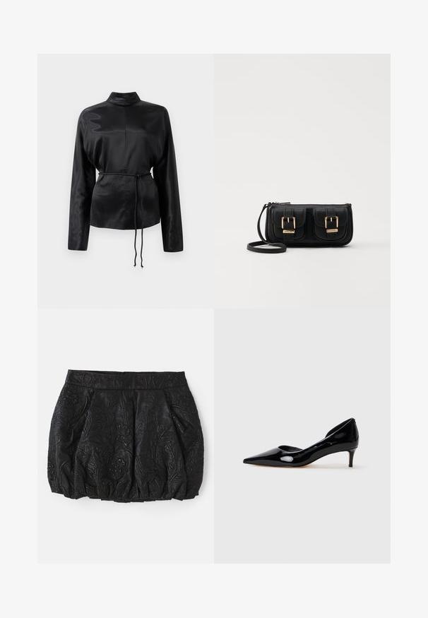 Fekete selyem hosszú ujjú ing magas gallérral, megkötött derékkal és állítható zsinóros részletekkel. Simaság jellemzi, elegáns kivitelezéssel.; Fekete bőrszoknya kiemelkedő virágmintával, összehúzott redőkkel és sima derékpánttal. A hátsó részén rejtett cipzárral rendelkezik.; Fekete lakk női, hegyes orrú, kisméretű sarokkal rendelkező cipő, profilból bemutatva, világos szürke háttéren.; Fekete bőr keresztbody táska két elülső zsebbel, arany csattokkal, cipzáras záródással és vékony pánttal. Textúrált felület és kompakt téglalap alak.