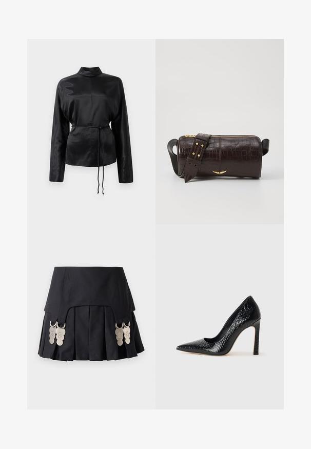 Mustmust pikkade varrukatega särk kõrge kaelusega, pingutatud talje ja reguleeritavate nööride detailidega. Sile tekstuur ja peen viimistlus.; Must mustriga seelik, millel on külgedel metallist detailid, valmistatud struktureeritud kangast, mis on sileda tekstuuri ja puhta disainiga.; Mustan teravaotsaga kõrge kontsaga king, millel on krokodillimustriga tekstuur, stiilne disain, kõrge stilettokonts ja sile must sisesisustus.; Pruunist krokodillimustrist nahast kott, millel on silindri kuju, kuldse tooni metalldetailid ja eemaldatav rihm, kus on nupud.