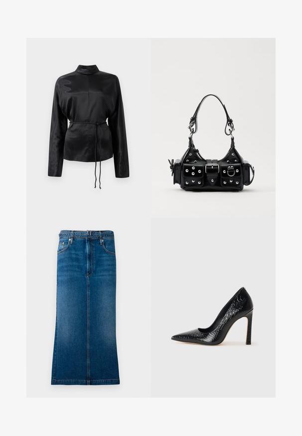 Camicia nera in satin con maniche lunghe e colletto alto, vita aderente e dettaglio con cordoncino regolabile. Texture liscia con una finitura elegante.; Gonna in denim con lavaggio medio, dal taglio dritto, con cerniera frontale nascosta, passanti per la cintura e cuciture a contrasto.; Scarpa nera con punta a punta alta in pelle di coccodrillo, caratterizzata da un design elegante, alto tacco a spillo e interno nero liscio.; Borsa a mano in pelle nera con design curvo, caratterizzata da borchie argentate, una fibbia e due tasche laterali. Tracolla regolabile per diverse opzioni di trasporto.