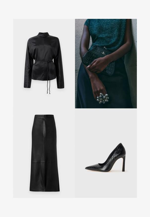 Melnas satīna krekls ar garām piedurknēm, augstu apkakli, pieguļošu vidukli un regulējamu saiti. Gluda tekstūra ar elegantu apdari.; Melnas ādas svārki ar taisnu siluetu, ar aizmugures šķēlumu, gludu tekstūru un redzamām šuvju detaļām.; Melni augstpapēžu apavi ar norādītu purngalu, ar krokodila ādas tekstūru, izceļoties ar elegantu dizainu, augstu stiletto papēdi un gludu melnu interjeru.; Melna krokodilā ādas raksta rokassoma ar sudraba detaļām, turēta pretī tekstūrētai pelēkai fona. Iespējo spīdīgu virsmu.
