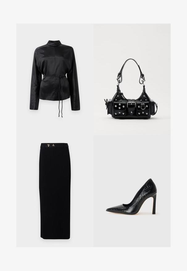 Černá saténová košile s dlouhým rukávem a vysokým límečkem, nařaseným pasem a nastavitelným šňůrkovým detailem. Hladká textura s elegantním povrchem.; AERON FORUM - Pouzdrová sukně - black; Černý lodičkový bot s špičatou špičkou, pokrytý texturou krokodýlí kůže, s elegantním designem, vysokým stiletto podpatkem a hladkým černým interiérem.; Černá kožená kabelka s křivkovým designem, zdobená stříbrnými hřebíky, s přezkou a dvěma bočními kapsami. Nastavitelný popruh pro různé možnosti nošení.