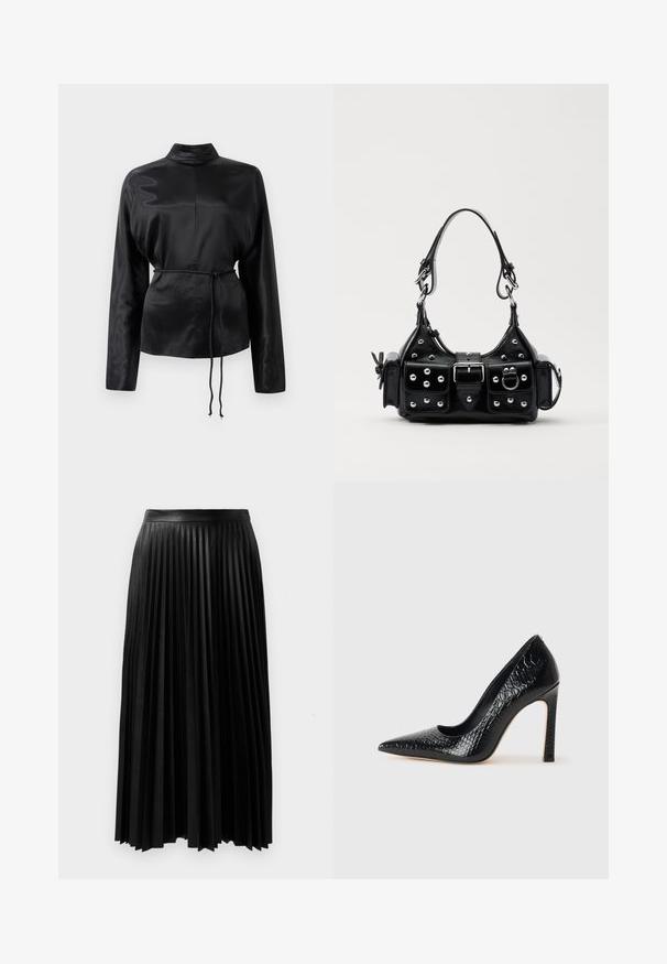 Černá saténová košile s dlouhým rukávem a vysokým límečkem, nařaseným pasem a nastavitelným šňůrkovým detailem. Hladká textura s elegantním povrchem.; Černá plisovaná sukně vyrobená z texturovaného materiálu, s přiléhavým pasem a dlouhými, splývavými plisovanými částmi sahajícími po střed lýtek.; Černý lodičkový bot s špičatou špičkou, pokrytý texturou krokodýlí kůže, s elegantním designem, vysokým stiletto podpatkem a hladkým černým interiérem.; Černá kožená kabelka s křivkovým designem, zdobená stříbrnými hřebíky, s přezkou a dvěma bočními kapsami. Nastavitelný popruh pro různé možnosti nošení.