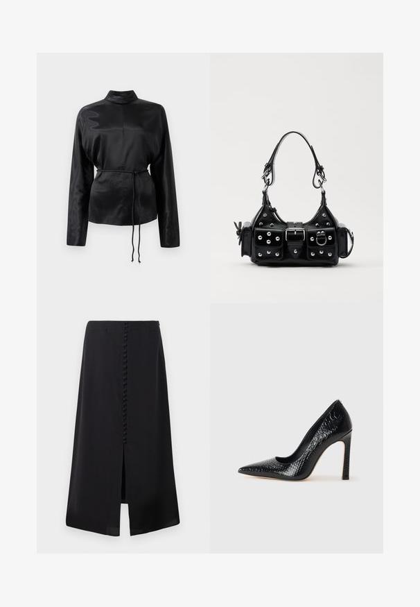Schwarzes Satin-Hemd mit langen Ärmeln, hohem Kragen, tailliertem Schnitt und verstellbarem Kordelzug. Glatte Textur mit elegantem Finish.; Schwarzer Midirock aus glattem Material, mit einem Schlitz vorne und einer Reihe von kleinen Knöpfen auf der Rückseite für Details.; Schwarzer, spitz zulaufender High Heel mit Krokodilleder-Struktur, elegantem Design, hohem Stiletto-Absatz und glattem schwarzen Innenraum.; Schwarze Lederhandtasche mit einem geschwungenen Design, verziert mit silbernen Nieten, einer Schnalle und zwei seitlichen Taschen. Verstellbarer Träger für verschiedene Tragemöglichkeiten.