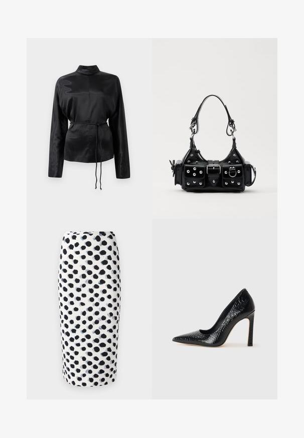 Juodas satino ilgomis rankovėmis marškiniai su aukštu apykakle, susiaurinta juosmens dalimi ir reguliuojamo raiščio detalėmis. Lygus paviršius su blizgiu apdaila.; Balta pieštuko sijonas su juodais taškeliais ir mėlynomis atspalviais. Lygus paviršius ir prigludęs dizainas.; Juoda smailiakulnė aukšto kulno bateliai su krokodilo odos tekstūra, pasižymintys elegantišku dizainu, aukštu stiletu kulnu ir lygia juoda vidine dalimi.; Juodas odinis rankinukas su kreiviu dizainu, su sidabro spalvos knopkėmis, užsegimu ir dviem šoninėmis kišenėmis. Reguliuojama dirželis nešimui.