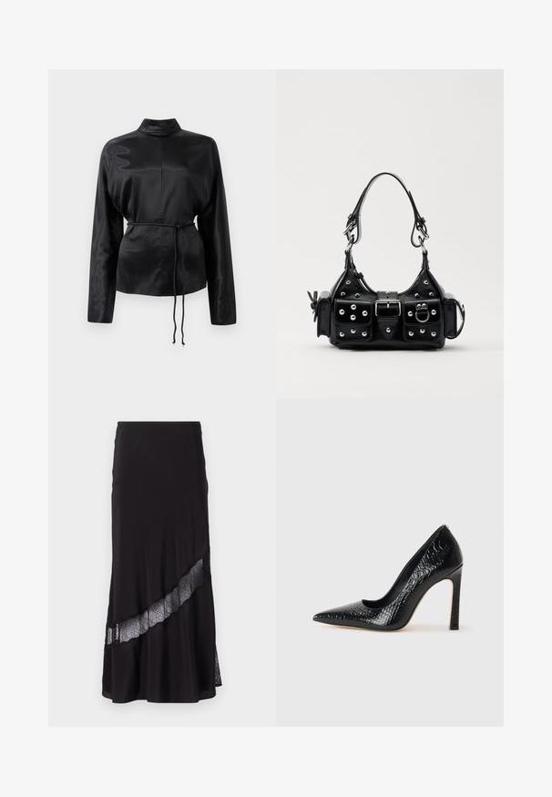 Zwarte satijnen blouse met lange mouwen en een hoge kraag, cinched taille en verstelbaar koorddetail. Glad textuur met een slanke afwerking.; Zwarte rok van gladde stof, met een kantinzet diagonaal over de zoom. Uitlopende ontwerp met een subtiele glans.; Zwarte puntige hoge hak schoen met een krokodillenleren textuur, met een slank ontwerp, hoge stiletto-hak, en een gladde zwarte binnenkant.; Zwarte lederen handtas met een gebogen ontwerp, voorzien van zilveren studs, een gesp en twee zijvakken. Verstelbare schouderband voor verschillende draagmogelijkheden.