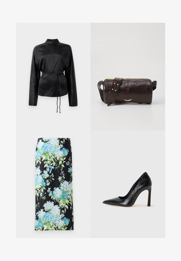 Camicia nera in satin con maniche lunghe e colletto alto, vita aderente e dettaglio con cordoncino regolabile. Texture liscia con una finitura elegante.; Gonna a matita floreale in tessuto nero, con grandi ortensie blu e verdi e piccoli fiori bianchi, accentuata da un fiocco azzurro chiaro.; Scarpa nera con punta a punta alta in pelle di coccodrillo, caratterizzata da un design elegante, alto tacco a spillo e interno nero liscio.; Borsa in pelle stampata a coccodrillo marrone con forma cilindrica, accessori in tonalità oro e una tracolla staccabile con borchie.