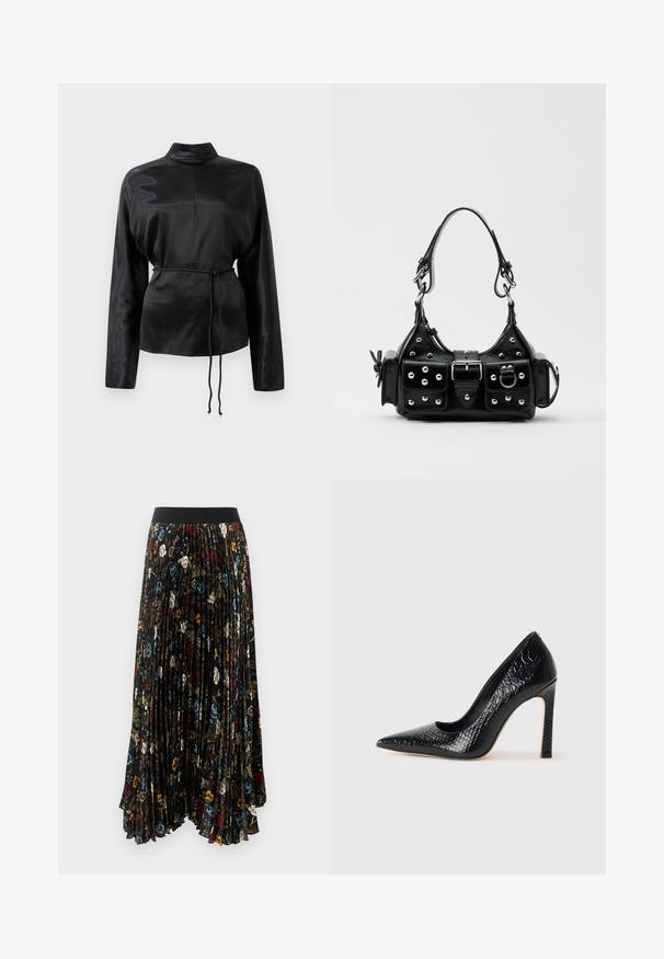 Schwarzes Satin-Hemd mit langen Ärmeln, hohem Kragen, tailliertem Schnitt und verstellbarem Kordelzug. Glatte Textur mit elegantem Finish.; Faltenmaxirock aus schwarzem Stoff mit einem floralem Muster in Rot, Blau und Weiß, ausgestattet mit einem einfarbigen schwarzen elastischen Bund.; Schwarzer, spitz zulaufender High Heel mit Krokodilleder-Struktur, elegantem Design, hohem Stiletto-Absatz und glattem schwarzen Innenraum.; Schwarze Lederhandtasche mit einem geschwungenen Design, verziert mit silbernen Nieten, einer Schnalle und zwei seitlichen Taschen. Verstellbarer Träger für verschiedene Tragemöglichkeiten.