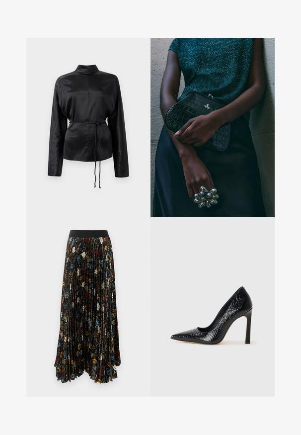 Sort satin langærmet skjorte med høj krave, indsnævret talje og justerbar snoretræksdetalje. Glat tekstur med en elegant finish.; Plisseret maxiskørt i sort stof med et blomsterprint i rødt, blåt og hvidt, med en ensfarvet sort elastisk talje.; Sorte spidse tå stiletto-sko i krokodilleskind med et strømlinet design, høj hæl og glat sort inderside.; Sorte clutchtaske med krokodillemønster og sølvhardware, holdt mod en tekstureret grå baggrund. Har en blank overflade.