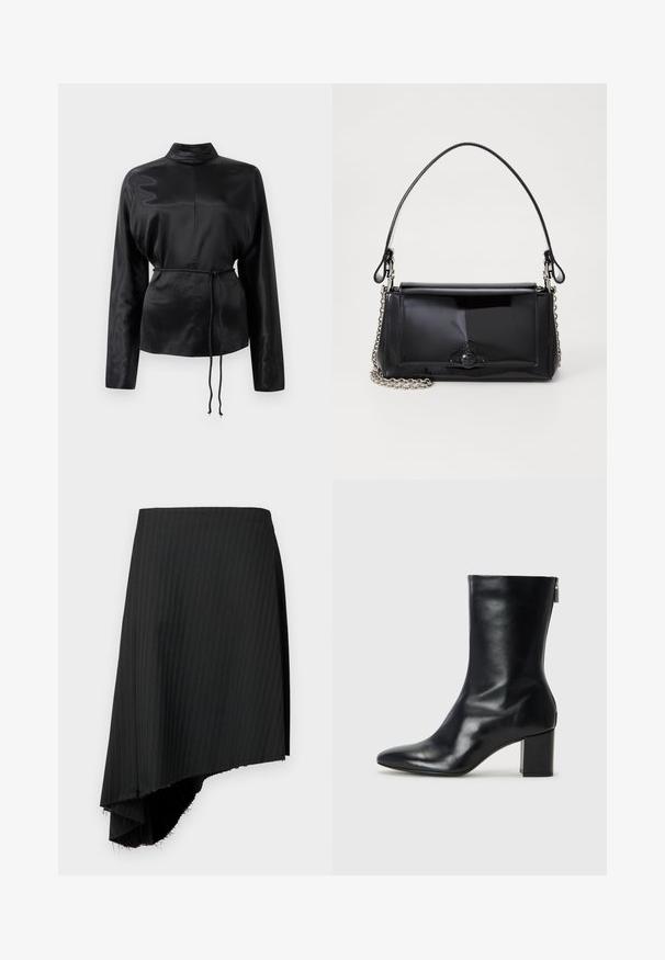 Cămașă lungă cu mânecă lungă din satin negru, cu guler înalt, talie strânsă și detaliu cu șnur reglabil. Textură netedă cu un finisaj elegant.; Fustă neagră cu dungi subțiri, având un tiv asimetric, cu margini brut. Fabricată dintr-un material ușor, cu o textură netedă.; Botină din piele neagră, cu vârf ascuțit și toc bloc de 4 cm. Design elegant, cu un fermoar lateral pentru o îmbrăcare ușoară. Textură netedă.; Geantă din piele patent neagră, cu o formă rectangulară, mânere din lanț și un accent distinctiv din metal în centru. Textură netedă.