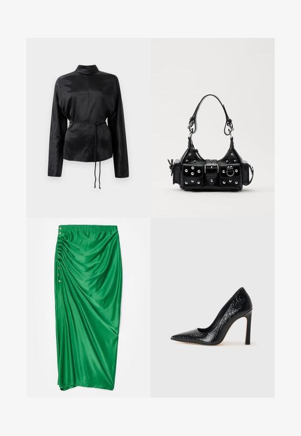 Camicia nera in satin con maniche lunghe e colletto alto, vita aderente e dettaglio con cordoncino regolabile. Texture liscia con una finitura elegante.; Gonna maxi in satin verde con un design arricciato, caratterizzata da cinque bottoni decorativi silver sul lato e una vita elasticizzata.; Scarpa nera con punta a punta alta in pelle di coccodrillo, caratterizzata da un design elegante, alto tacco a spillo e interno nero liscio.; Borsa a mano in pelle nera con design curvo, caratterizzata da borchie argentate, una fibbia e due tasche laterali. Tracolla regolabile per diverse opzioni di trasporto.