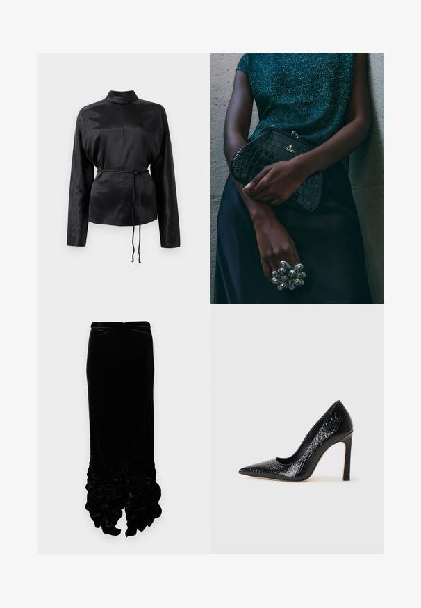 Melnas satīna krekls ar garām piedurknēm, augstu apkakli, pieguļošu vidukli un regulējamu saiti. Gluda tekstūra ar elegantu apdari.; Melnas samta svārki ar pieguļošu dizainu. Iezīmējas ar viļņotu apakšmalu, radot dziļumu un tekstūru. Gluda auduma ar nedaudz spīdumu.; Melni augstpapēžu apavi ar norādītu purngalu, ar krokodila ādas tekstūru, izceļoties ar elegantu dizainu, augstu stiletto papēdi un gludu melnu interjeru.; Melna krokodilā ādas raksta rokassoma ar sudraba detaļām, turēta pretī tekstūrētai pelēkai fona. Iespējo spīdīgu virsmu.