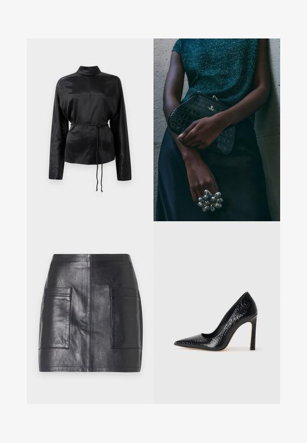 Schwarzes Satin-Hemd mit langen Ärmeln, hohem Kragen, tailliertem Schnitt und verstellbarem Kordelzug. Glatte Textur mit elegantem Finish.; Schwarzer Leder-Minirock mit zwei seitlichen Taschen, glatter Textur, tailliertem Schnitt und klaren Linien ohne zusätzliche Verzierungen.; Schwarzer, spitz zulaufender High Heel mit Krokodilleder-Struktur, elegantem Design, hohem Stiletto-Absatz und glattem schwarzen Innenraum.; Schwarze Clutch-Tasche im Kroko-Design mit silbernen Beschlägen, vor einem strukturierten grauen Hintergrund gehalten. Verfügt über eine glänzende Oberfläche.