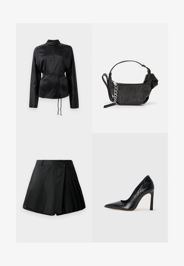 Fekete selyem hosszú ujjú ing magas gallérral, megkötött derékkal és állítható zsinóros részletekkel. Simaság jellemzi, elegáns kivitelezéssel.; Fekete plisírozott sort, lapos elülső résszel, gombos záródással és könnyű anyagból készült. Éles pliszékkel és letisztult szegéllyel részletezve.; Fekete hegyes orrú magassarkú cipő krokodilbőr textúrával, letisztult dizájnnal, magas tűsarkú és sima fekete belső résszel.; Fekete kézitáska szegecses díszítéssel, láncos pánttal és sima bőr fogantyúval, lekerekített formával és cipzáras rekesszel.