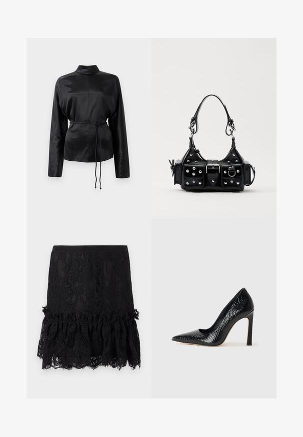 Fekete selyem hosszú ujjú ing magas gallérral, megkötött derékkal és állítható zsinóros részletekkel. Simaság jellemzi, elegáns kivitelezéssel.; Fekete csipkés szoknya struktúrált felsőrésszel, fodros csipkás szegéllyel. Az anyag virágmintákkal és sima derékpánttal rendelkezik.; Fekete hegyes orrú magassarkú cipő krokodilbőr textúrával, letisztult dizájnnal, magas tűsarkú és sima fekete belső résszel.; Fekete bőr kézitáska ívelt designnal, ezüst szegecsekkel, csattal és két oldalsó zsebbel. Állítható vállpánt a hordozási lehetőségekhez.