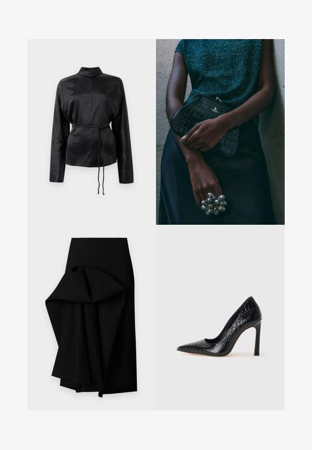 Čierna saténová košeľa s dlhým rukávom, vysokým golierom, zúženým pásom a nastaviteľným šnurovaním. Hladká textura s elegantným povrchom.; Čierna sukňa vyrobená z hladkej tkaniny, s prehnutým dizajnom na jednej strane, vytvárajúcim vysoký a nízky lem.; Čierna lodička s špicatou špičkou a lakovanou textúrou krokodíla, s elegantným dizajnom, vysokým stiletto podpätkom a hladkým čiernym interiérom.; Čierna clutch kabelka s krokodílovým vzorom a striebornými kovovými prvkami, držaná proti textúrovanému sivému pozadiu. Má lesklý povrch.