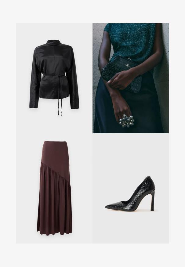 Camicia nera in satin con maniche lunghe e colletto alto, vita aderente e dettaglio con cordoncino regolabile. Texture liscia con una finitura elegante.; Gonna maxi marrone realizzata in tessuto morbido. Presenta un cinturino aderente e un design asimmetrico con dettagli arricciati su un lato.; Scarpa nera con punta a punta alta in pelle di coccodrillo, caratterizzata da un design elegante, alto tacco a spillo e interno nero liscio.; Clutch bag nera con motivo coccodrillo e hardware argentato, appoggiata su uno sfondo grigio texture. Presenta una superficie lucida.