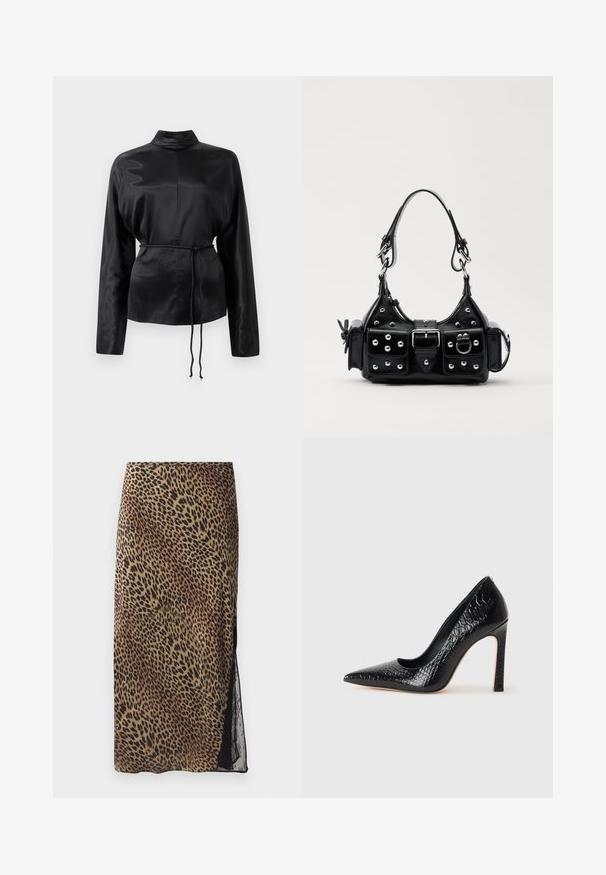 Chemise longue à manches longues en satin noir avec un col haut, taille cintrée et détail de cordon de serrage ajustable. Texture lisse avec une finition élégante.; Jupe midi à imprimé léopard avec une silhouette ajustée, panneau latéral en dentelle transparente et texture de tissu lisse dans des tons terre.; Escarpin noir à bout pointu avec texture en cuir de crocodile, présentant un design élégant, un haut talon aiguille et un intérieur noir lisse.; Sac à main en cuir noir au design courbé, avec des clous en argent, une boucle et deux poches latérales. Bandoulière réglable pour différentes options de transport.