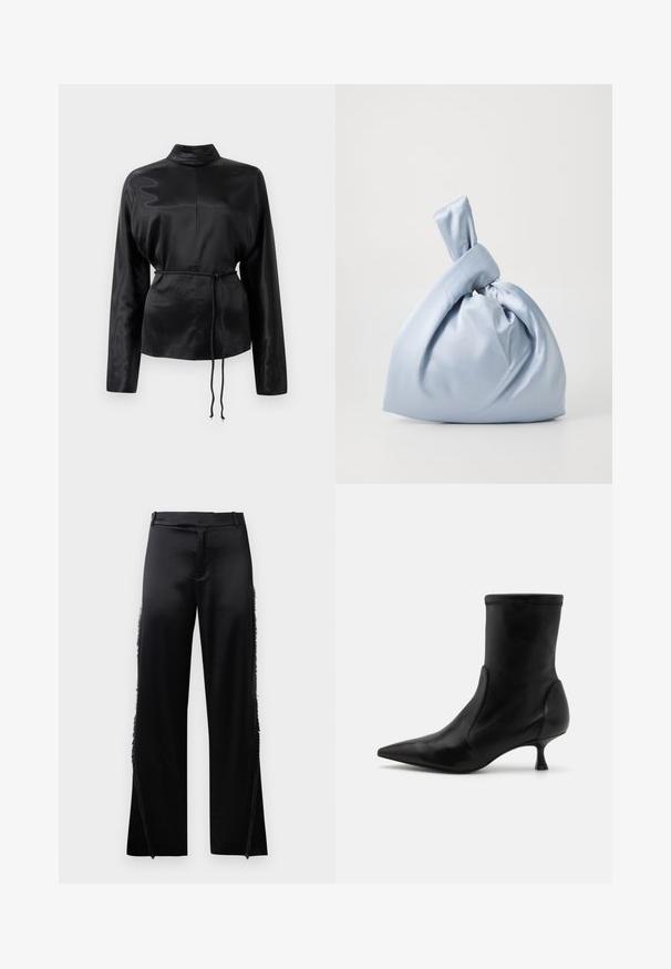 Čierna saténová košeľa s dlhým rukávom, vysokým golierom, zúženým pásom a nastaviteľným šnurovaním. Hladká textura s elegantným povrchom.; Čierne saténové nohavice so širokými nohavicami, s strapcovými detailmi pozdĺž bočných švov a plochým pásom vpredu. Jednoduchý zadok bez vreciek.; Čierna kožená členková topánka s zužujúcou sa siluetou, elastickým zvrškom a krátkym, tenkým podpätkom. Hladká textúra a minimálne švy.; Nanushka JEN - Kabelka - ice blue