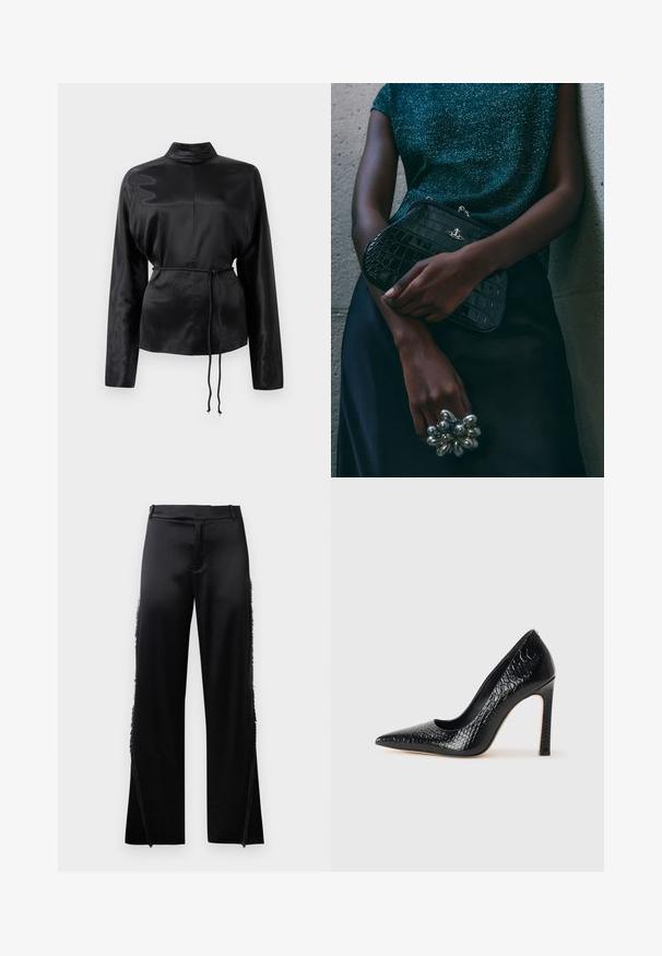 Fekete selyem hosszú ujjú ing magas gallérral, megkötött derékkal és állítható zsinóros részletekkel. Simaság jellemzi, elegáns kivitelezéssel.; Fekete selyem nadrág, széles szárakkal, oldalsó varrásain frufru részletekkel és lapos elülső derékrészes. Egyszerű hátul zsebek nélkül.; Fekete hegyes orrú magassarkú cipő krokodilbőr textúrával, letisztult dizájnnal, magas tűsarkú és sima fekete belső résszel.; Fekete krokodilbőr mintázatú válltáska ezüst hardware-rel, egy texturált szürke háttér előtt tartva. Fényes felülettel rendelkezik.