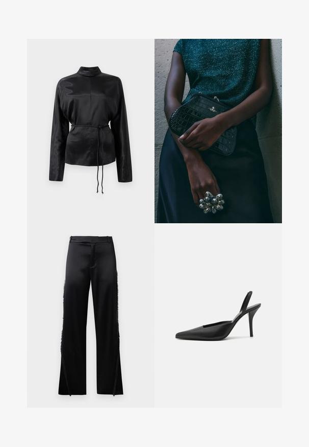 Fekete selyem hosszú ujjú ing magas gallérral, megkötött derékkal és állítható zsinóros részletekkel. Simaság jellemzi, elegáns kivitelezéssel.; Fekete selyem nadrág, széles szárakkal, oldalsó varrásain frufru részletekkel és lapos elülső derékrészes. Egyszerű hátul zsebek nélkül.; Fekete pántos magassarkú cipők, hegyes orral, sima bőrből készült anyaggal és letisztult, minimalista dizájnnal. Magas tűs sarok.; Fekete krokodilbőr mintázatú válltáska ezüst hardware-rel, egy texturált szürke háttér előtt tartva. Fényes felülettel rendelkezik.