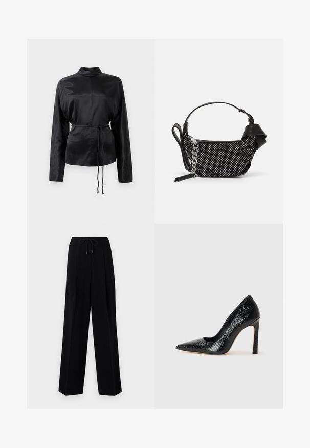Schwarzes Satin-Hemd mit langen Ärmeln, hohem Kragen, tailliertem Schnitt und verstellbarem Kordelzug. Glatte Textur mit elegantem Finish.; Schwarze Hose mit lockerer Passform, gefaltetem Frontbereich, elastischem Bund und Kordelzug. Der Stoff wirkt glatt mit einem leichten Glanz.; Schwarzer, spitz zulaufender High Heel mit Krokodilleder-Struktur, elegantem Design, hohem Stiletto-Absatz und glattem schwarzen Innenraum.; Schwarze Handtasche mit Nietenverzierungen, einer Kettenriemen und einem glatten Ledergriff, in runder Form und mit einem Reißverschlussfach.