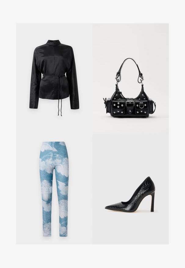 Black satin long-sleeve shirt with a high collar, cinched waist, and adjustable drawstring detail. Smooth texture with a sleek finish.; Leggings featuring a blue denim background with white cloud patterns. The fabric appears stretchy with a fitted design and ankle length.; Black pointed-toe high heel shoe with a crocodile-skin texture, featuring a sleek design, high stiletto heel, and smooth black interior.; Black leather handbag with a curved design, featuring silver studs, a buckle, and two side pockets. Adjustable strap for carrying options.