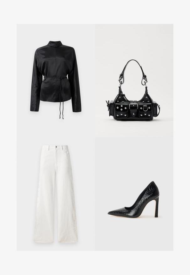 Sort satin langærmet skjorte med høj krave, indsnævret talje og justerbar snoretræksdetalje. Glat tekstur med en elegant finish.; Hvide bukser med vidde lavet af denim, der har broderede mønstre på siden og en traditionel femlomme-design. Lynlås-lukning med en knap.; Sorte spidse tå stiletto-sko i krokodilleskind med et strømlinet design, høj hæl og glat sort inderside.; Sort læderhåndtaske med et buet design, prydet med sølvfarvede nitter, en spænde og to sidelommer. Justerbar rem til forskellige bære muligheder.