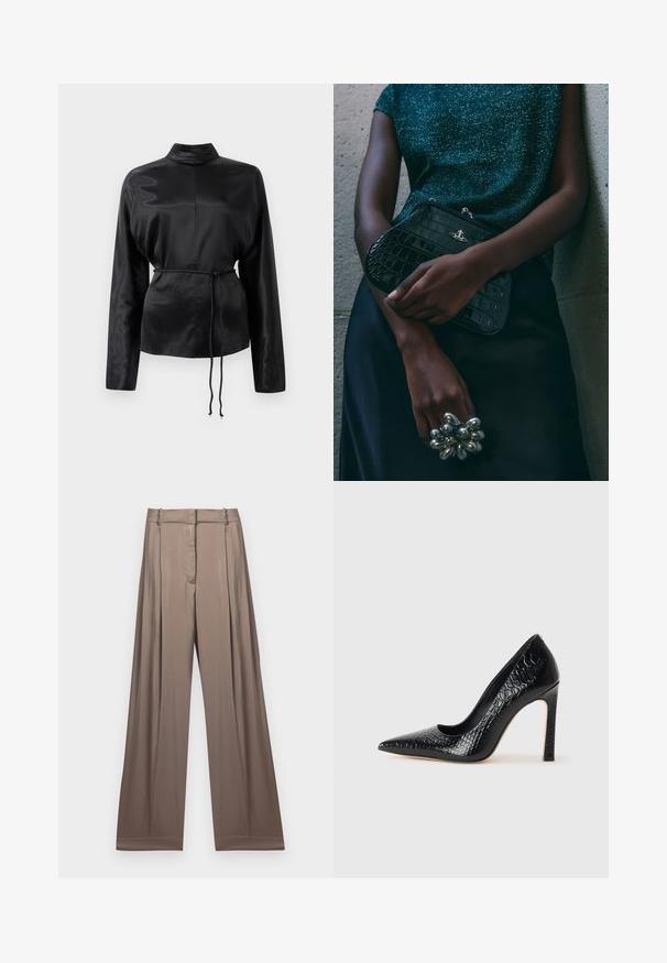 Camicia nera in satin con maniche lunghe e colletto alto, vita aderente e dettaglio con cordoncino regolabile. Texture liscia con una finitura elegante.; Pantaloni a gamba larga in un colore taupe smorzato, realizzati in tessuto liscio con una finitura satinata. Presentano una cintura su misura e delle pieghe sottili.; Scarpa nera con punta a punta alta in pelle di coccodrillo, caratterizzata da un design elegante, alto tacco a spillo e interno nero liscio.; Clutch bag nera con motivo coccodrillo e hardware argentato, appoggiata su uno sfondo grigio texture. Presenta una superficie lucida.