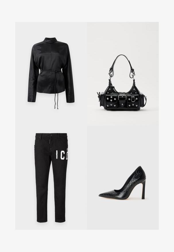 Mustmust pikkade varrukatega särk kõrge kaelusega, pingutatud talje ja reguleeritavate nööride detailidega. Sile tekstuur ja peen viimistlus.; Mustadest denimi kitsaste jalgevahega teksapüksid. Esikülge kaunistab valge graafiline tekst, viis taskut ja nööpidega sulgemine. Sile tekstuur.; Mustan teravaotsaga kõrge kontsaga king, millel on krokodillimustriga tekstuur, stiilne disain, kõrge stilettokonts ja sile must sisesisustus.; Must värvi nahast käekott, millel on kaarjas disain, hõbedased nupukesed, kinnitusahe ja kaks külgtaskut. Reguleeritav rihm erinevate kandmisvõimaluste jaoks.