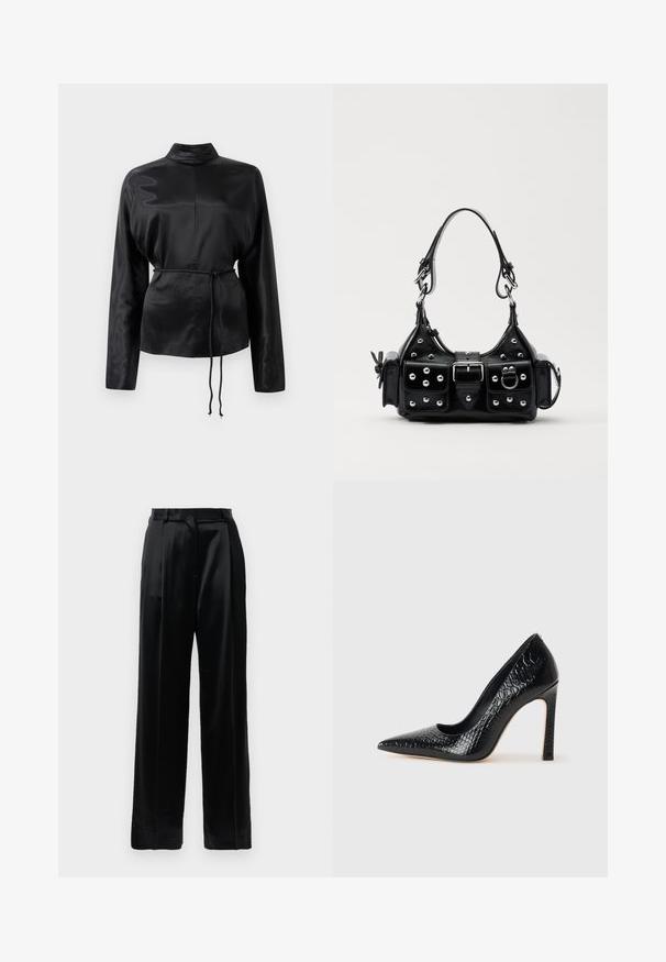 Zwarte satijnen blouse met lange mouwen en een hoge kraag, cinched taille en verstelbaar koorddetail. Glad textuur met een slanke afwerking.; Zwarte satijnen hoge taillebroek met rechte wijde pijpen, riemlussen en een platte sluiting op een effen witte achtergrond.; Zwarte puntige hoge hak schoen met een krokodillenleren textuur, met een slank ontwerp, hoge stiletto-hak, en een gladde zwarte binnenkant.; Zwarte lederen handtas met een gebogen ontwerp, voorzien van zilveren studs, een gesp en twee zijvakken. Verstelbare schouderband voor verschillende draagmogelijkheden.