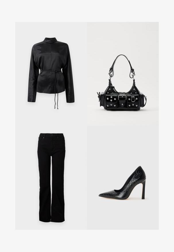 Černá saténová košile s dlouhým rukávem a vysokým límečkem, nařaseným pasem a nastavitelným šňůrkovým detailem. Hladká textura s elegantním povrchem.; Černé džíny z denimu se středním střihem, pět kapsami, předním zapínáním na knoflík a jemnou texturou. Žádné viditelné vzory ani akcenty.; Černý lodičkový bot s špičatou špičkou, pokrytý texturou krokodýlí kůže, s elegantním designem, vysokým stiletto podpatkem a hladkým černým interiérem.; Černá kožená kabelka s křivkovým designem, zdobená stříbrnými hřebíky, s přezkou a dvěma bočními kapsami. Nastavitelný popruh pro různé možnosti nošení.