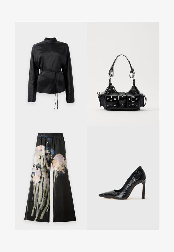 Black satin long-sleeve shirt with a high collar, cinched waist, and adjustable drawstring detail. Smooth texture with a sleek finish.; Wide-leg trousers in black fabric featuring a watercolor floral print in pink, blue, and green tones; elastic waistband for comfort.; Black pointed-toe high heel shoe with a crocodile-skin texture, featuring a sleek design, high stiletto heel, and smooth black interior.; Black leather handbag with a curved design, featuring silver studs, a buckle, and two side pockets. Adjustable strap for carrying options.