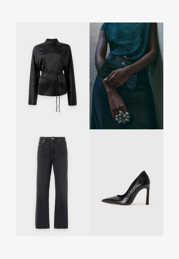 Black satin long-sleeve shirt with a high collar, cinched waist, and adjustable drawstring detail. Smooth texture with a sleek finish.; Black straight-leg denim jeans with five pockets, button closure, and belt loops, displayed against a white background.; Black pointed-toe high heel shoe with a crocodile-skin texture, featuring a sleek design, high stiletto heel, and smooth black interior.; Black crocodile-patterned clutch bag with silver hardware, held against a textured gray background. Features a shiny surface.
