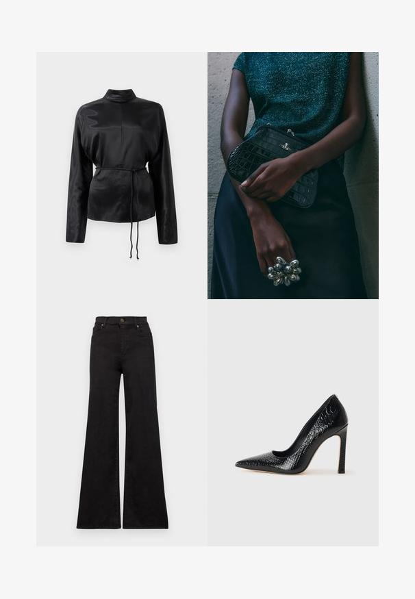 Zwarte satijnen blouse met lange mouwen en een hoge kraag, cinched taille en verstelbaar koorddetail. Glad textuur met een slanke afwerking.; Zwarte flare-jeans van denim met een hoge taille, voorzien van voorzakken en metalen hardware op de knoop en klinknagels.; Zwarte puntige hoge hak schoen met een krokodillenleren textuur, met een slank ontwerp, hoge stiletto-hak, en een gladde zwarte binnenkant.; Zwarte clutch met krokodillenpatroon en zilverkleurige hardware, vastgehouden tegen een gestructureerde grijze achtergrond. Heeft een glanzend oppervlak.