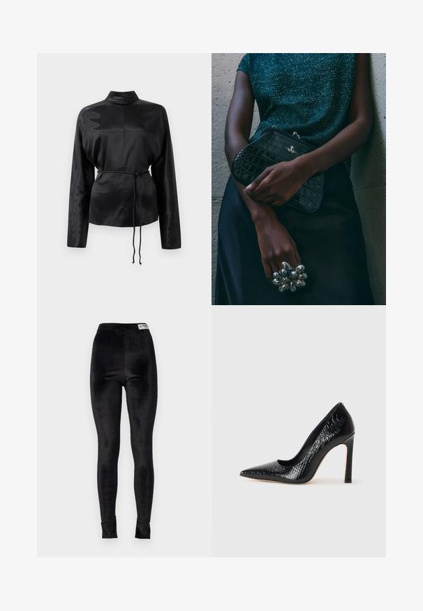 Fekete selyem hosszú ujjú ing magas gallérral, megkötött derékkal és állítható zsinóros részletekkel. Simaság jellemzi, elegáns kivitelezéssel.; Fekete bársonyos leggings magas derékkal, sima textúrával és testhez álló dizájnnal; a derékpánton márkás címke található.; Fekete hegyes orrú magassarkú cipő krokodilbőr textúrával, letisztult dizájnnal, magas tűsarkú és sima fekete belső résszel.; Fekete krokodilbőr mintázatú válltáska ezüst hardware-rel, egy texturált szürke háttér előtt tartva. Fényes felülettel rendelkezik.
