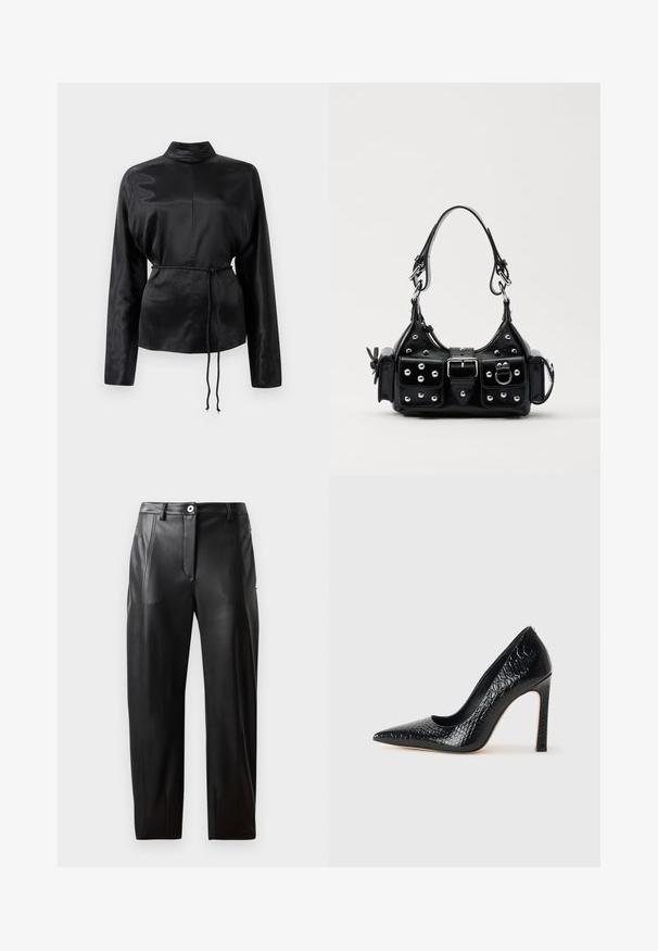 Zwarte satijnen blouse met lange mouwen en een hoge kraag, cinched taille en verstelbaar koorddetail. Glad textuur met een slanke afwerking.; Zwarte leren broeken met een gladde textuur, voorzien van voorzakken, een ritssluiting en een aansluitend ontwerp. Subtiele stiksels aan de zijkanten.; Zwarte puntige hoge hak schoen met een krokodillenleren textuur, met een slank ontwerp, hoge stiletto-hak, en een gladde zwarte binnenkant.; Zwarte lederen handtas met een gebogen ontwerp, voorzien van zilveren studs, een gesp en twee zijvakken. Verstelbare schouderband voor verschillende draagmogelijkheden.