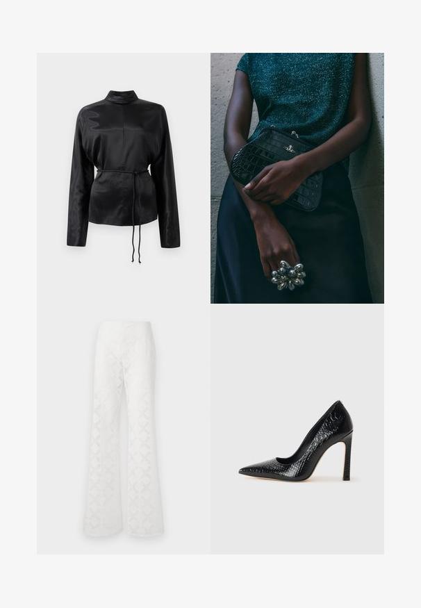 Musta satiininen pitkähihainen paita, jossa on korkea kaulus, kireä vyötärö ja säädettävä nyöriyksityiskohta. Sileä rakenne kiiltävällä pinnalla.; Valkoiset levenevät housut, jotka on valmistettu teksturoidusta kankaasta ja joissa on timanttikuvio. Vyötärö on sileä, ilman näkyviä varusteita tai yksityiskohtia.; Musta kapea nilkkakorkokenkä krokotiilin nahkakuviolla, joka on varustettu tyylikkäällä muotoilulla, korkealla stiletto-korkealla ja sileällä mustalla sisäosalla.; Musta krokotiilihäntäinen penaali, jossa on hopeiset yksityiskohdat, pidetään teksturoitua harmaata taustaa vasten. Pintamateriaali kiiltävä.