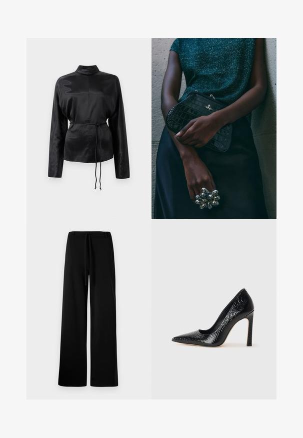 Čierna saténová košeľa s dlhým rukávom, vysokým golierom, zúženým pásom a nastaviteľným šnurovaním. Hladká textura s elegantným povrchom.; Široké čierne nohavice z mäkkej látky, s viazaním v páse, hladkým povrchom a bez viditeľných vreciek alebo vzorov.; Čierna lodička s špicatou špičkou a lakovanou textúrou krokodíla, s elegantným dizajnom, vysokým stiletto podpätkom a hladkým čiernym interiérom.; Čierna clutch kabelka s krokodílovým vzorom a striebornými kovovými prvkami, držaná proti textúrovanému sivému pozadiu. Má lesklý povrch.