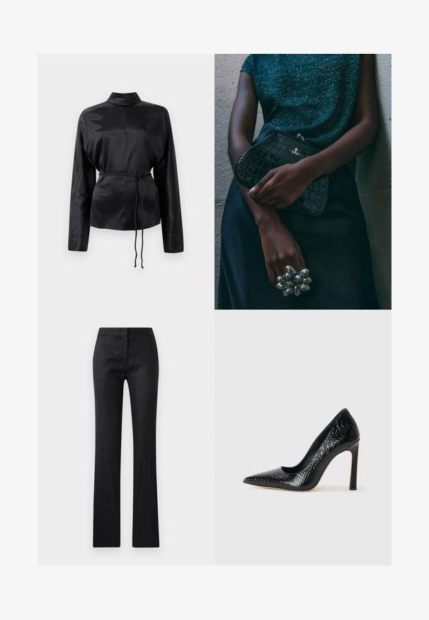 Black satin long-sleeve shirt with a high collar, cinched waist, and adjustable drawstring detail. Smooth texture with a sleek finish.; Black, fitted trousers with a smooth texture, a slightly shiny finish, and a straight-leg cut. No visible hardware or patterns.; Black pointed-toe high heel shoe with a crocodile-skin texture, featuring a sleek design, high stiletto heel, and smooth black interior.; Black crocodile-patterned clutch bag with silver hardware, held against a textured gray background. Features a shiny surface.