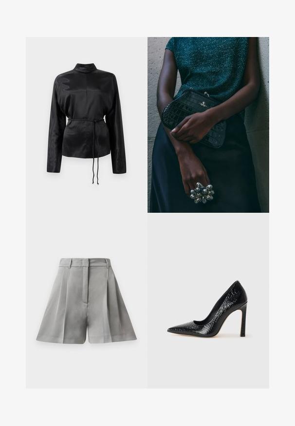 Zwarte satijnen blouse met lange mouwen en een hoge kraag, cinched taille en verstelbaar koorddetail. Glad textuur met een slanke afwerking.; Grijze geplooide shorts van gladde stof, met een hoge taille, voorzakken en een op maat gemaakte uitstraling met strakke lijnen.; Zwarte puntige hoge hak schoen met een krokodillenleren textuur, met een slank ontwerp, hoge stiletto-hak, en een gladde zwarte binnenkant.; Zwarte clutch met krokodillenpatroon en zilverkleurige hardware, vastgehouden tegen een gestructureerde grijze achtergrond. Heeft een glanzend oppervlak.